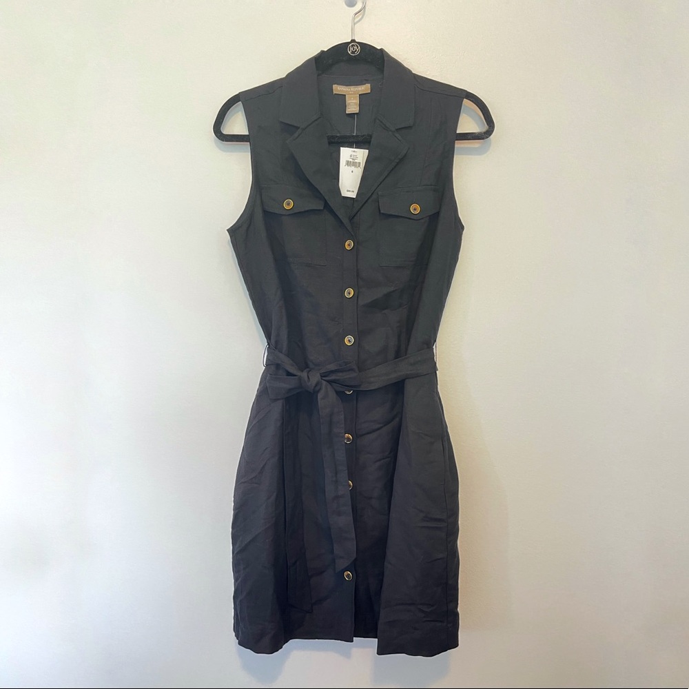 ✨ NWT BANANA REPUBLIC linen black belted tortoiseshell gold button dress pocket